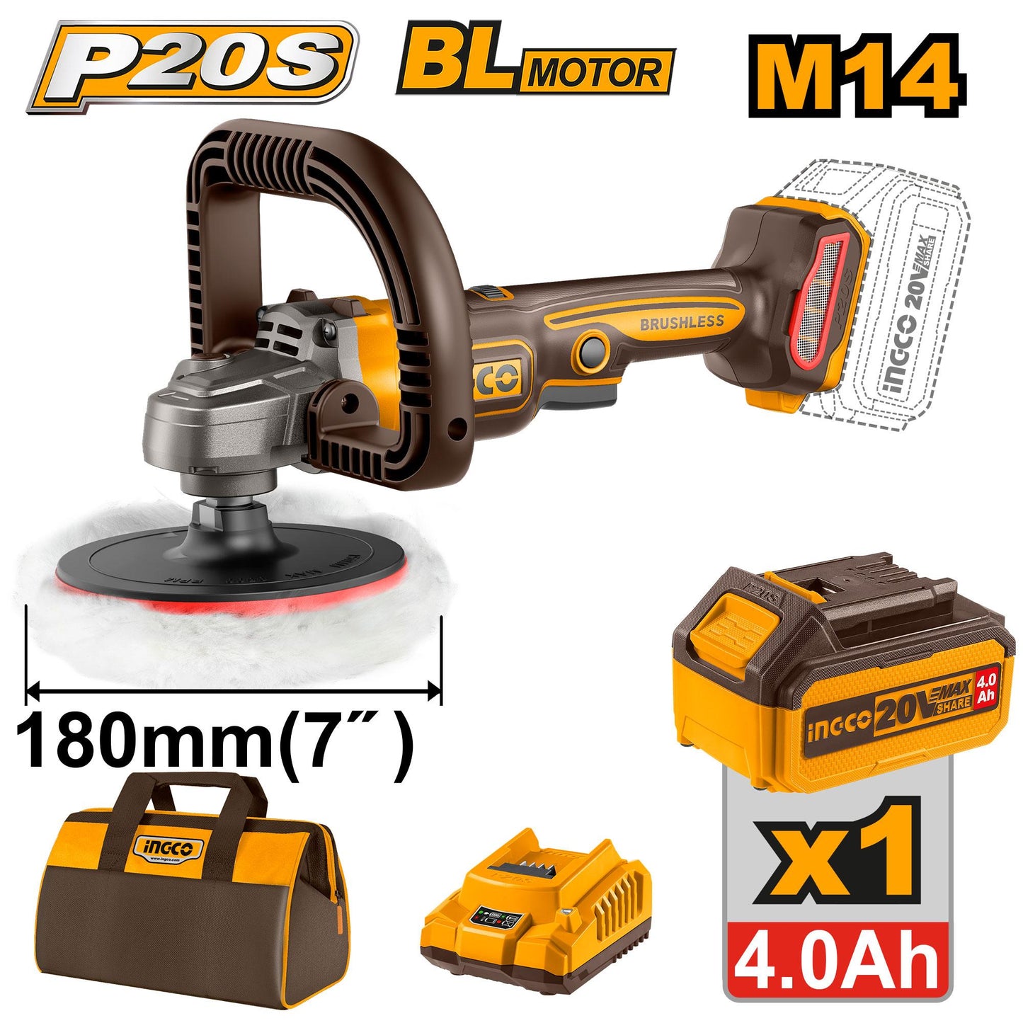 APLI20181 - Moteur sans balais P20S/20V Polisseuse sans fil Lithium-ion sans balais ING-CT INGCO Maroc