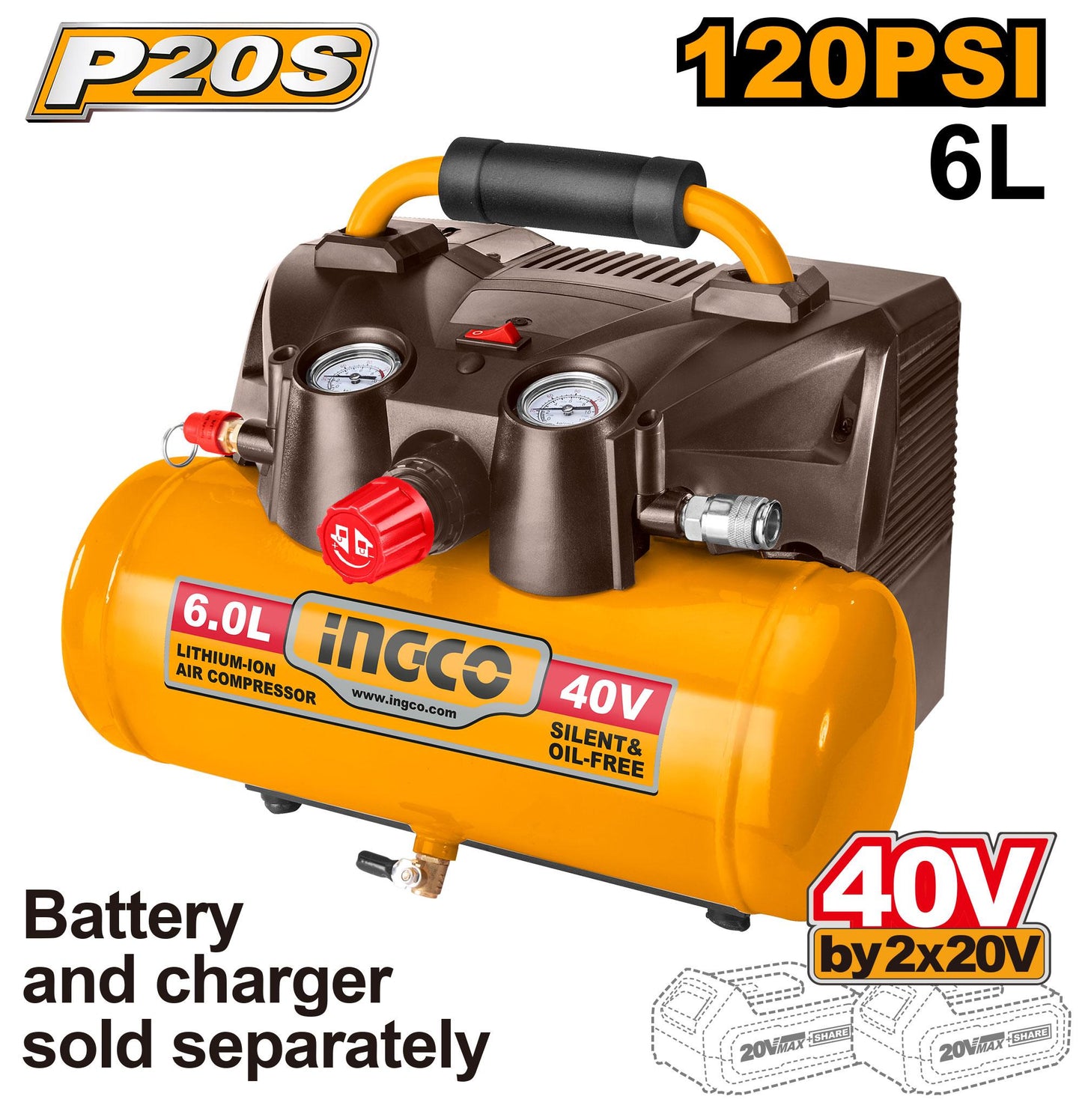 CACLI2003 - COMPRESSEUR SANS FIL BATTERIE 6L BATTERIE ET CHARGEUR NON INCLUS INGCO Maroc