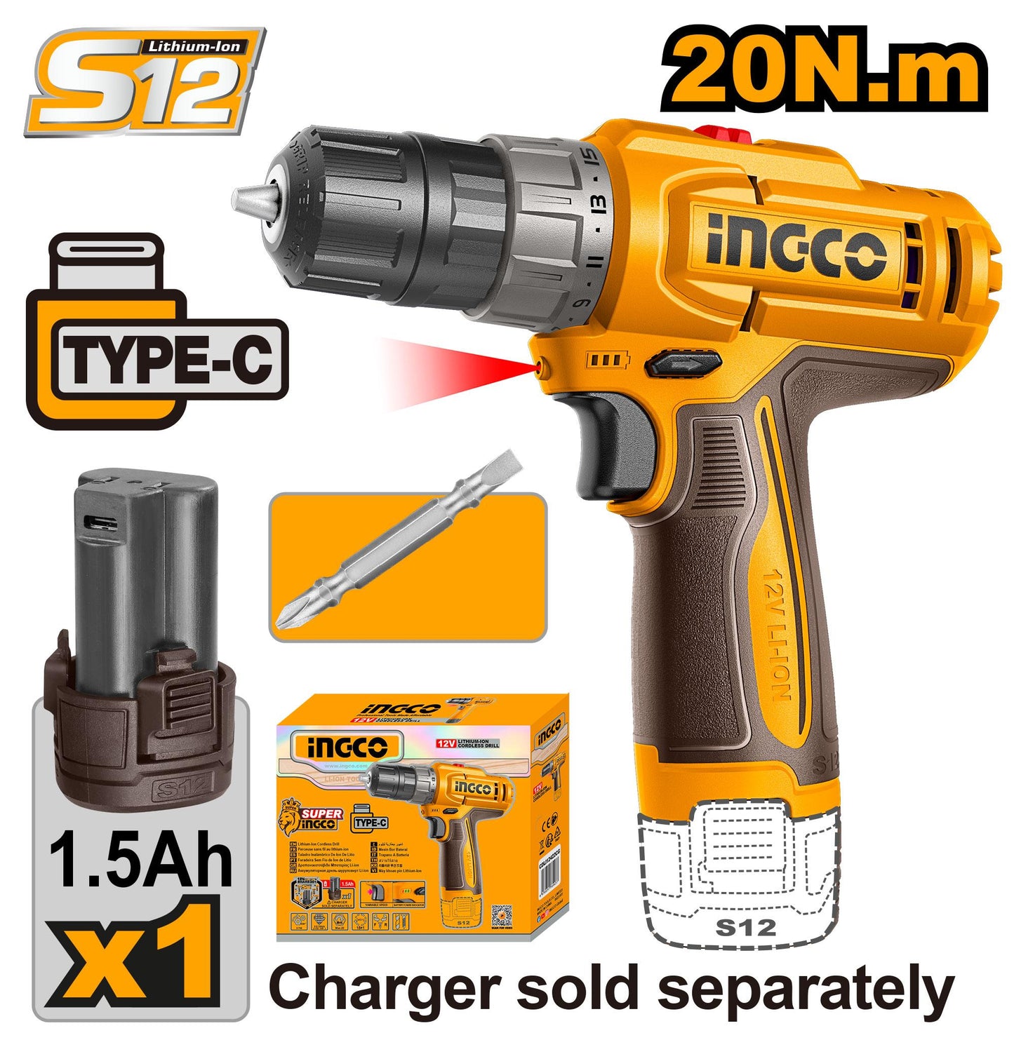 CDLI122061 - VISSEUSE 12V 20NM +1 BATTERIE 1.5AH CHARGEUR TYPE-C INGCO INGCO Maroc