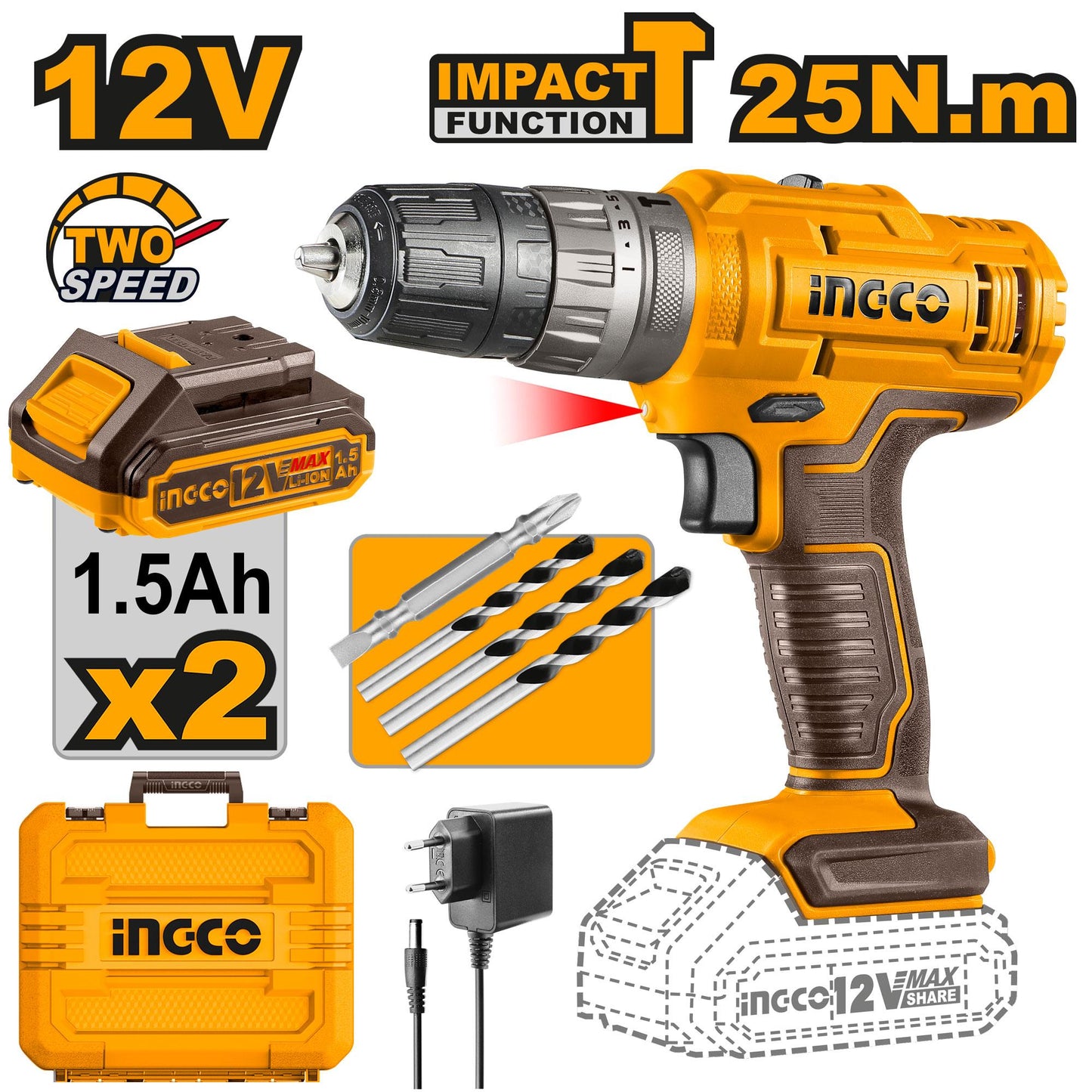 CIDLI1228 - PERCEUSE VISSEUSE 12V 2 BATTERIES PLATES INGCO Maroc