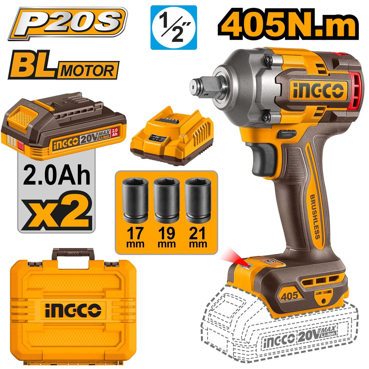 INGCO BOULONNEUSE 20V 405N.M + 2BATT AU MAROC