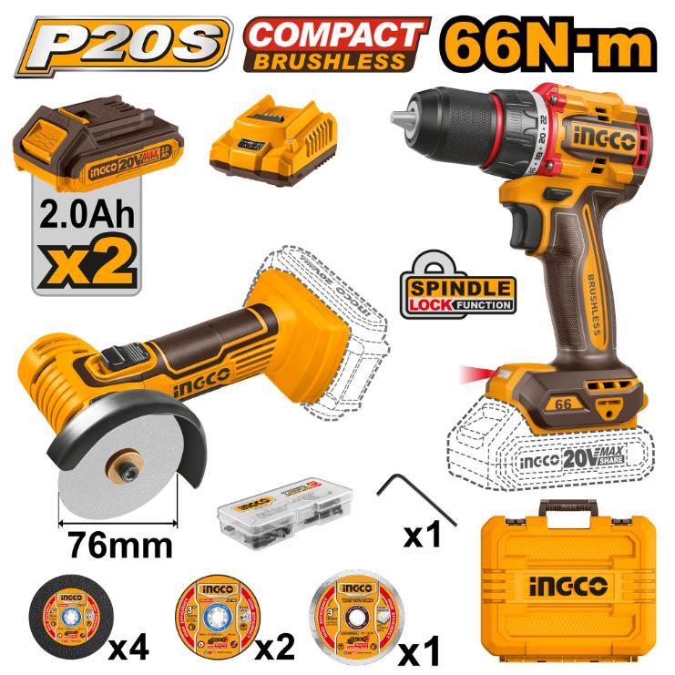 INGCO PACK 2 MACHINES VISSEUSE BRUSHLESS 20V 66NM+ MINI MEULEUSE 76MM INGCO AU MAROC