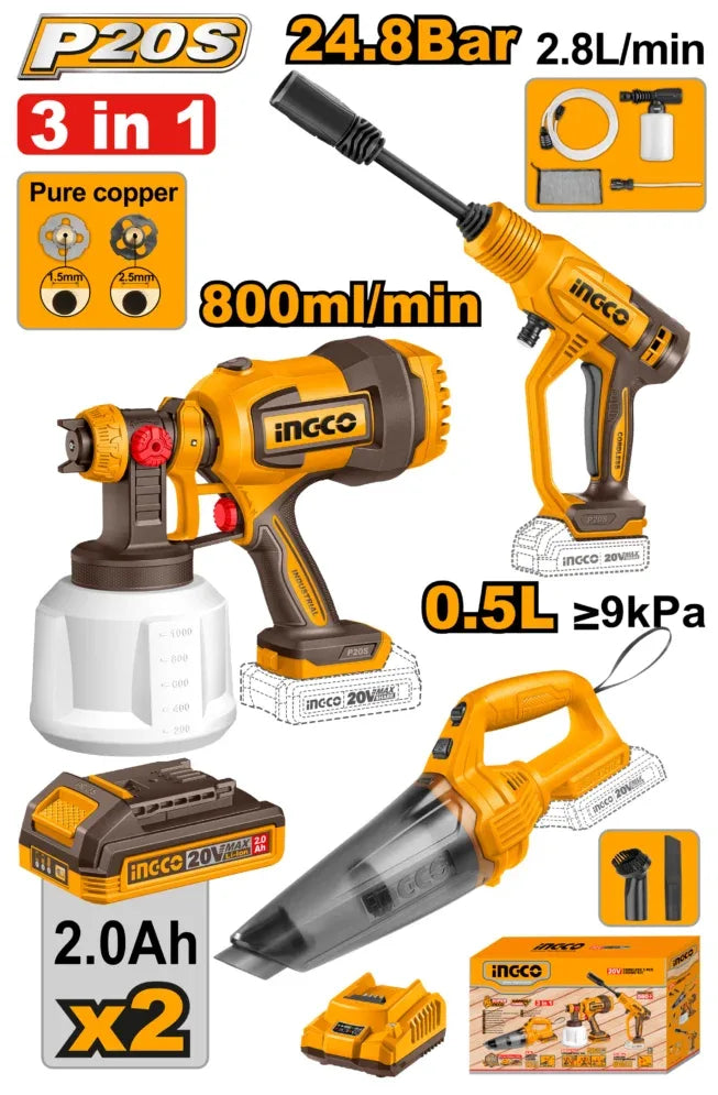INGCO PACK 20V PIST A PEINTURE+ASPIRATEUR+NETTOYEUR AU MAROC