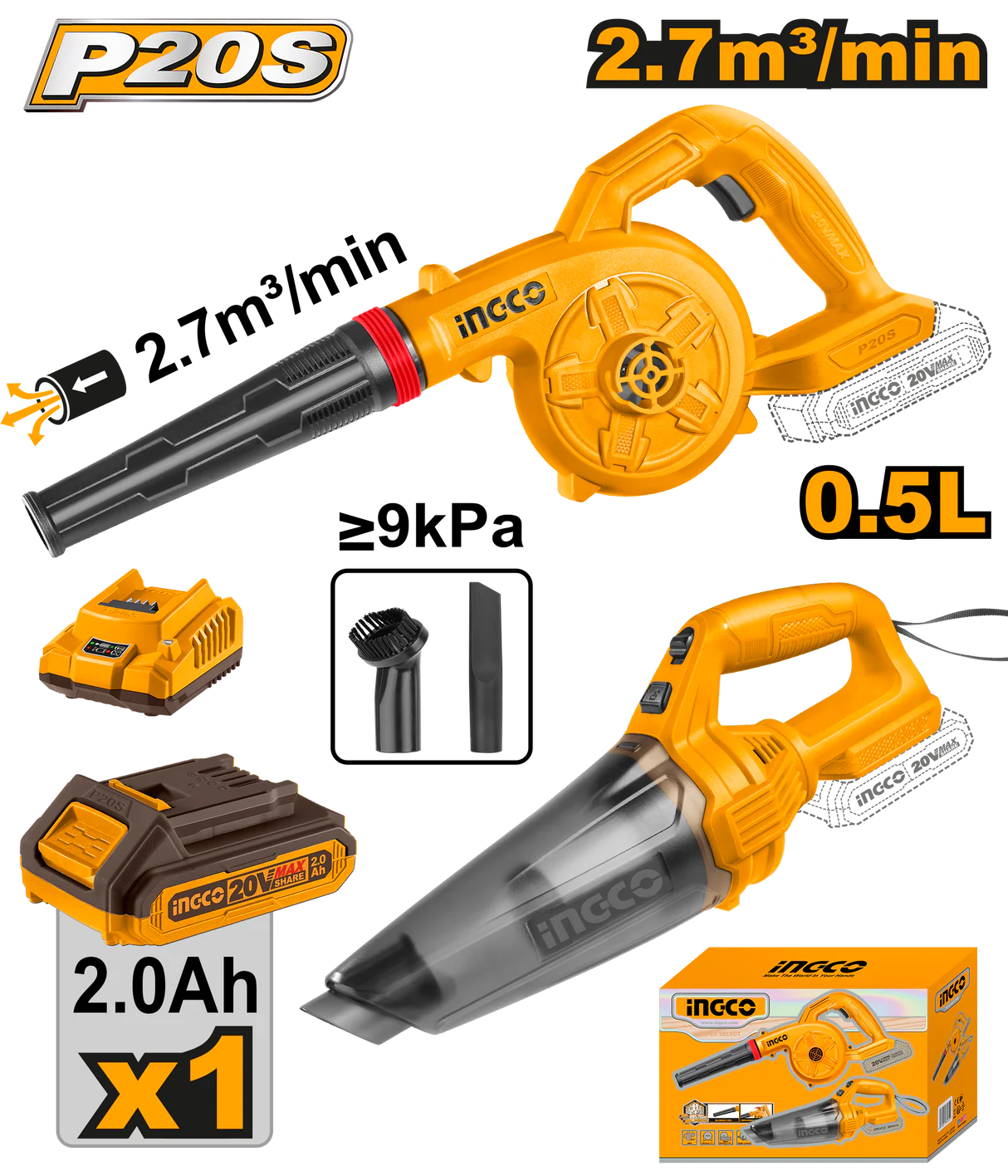 INGCO KIT CONBINE ASPIRATEUR+SOUFFLEUR SANS FIL 20V