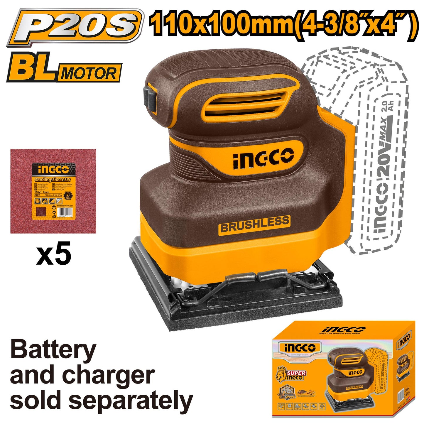 CSHSLI2024 - PONCEUSE À FEUILLES SANS FIL 110X100MM SANS BATTERIE SANS CHARGEUR INGCO Maroc