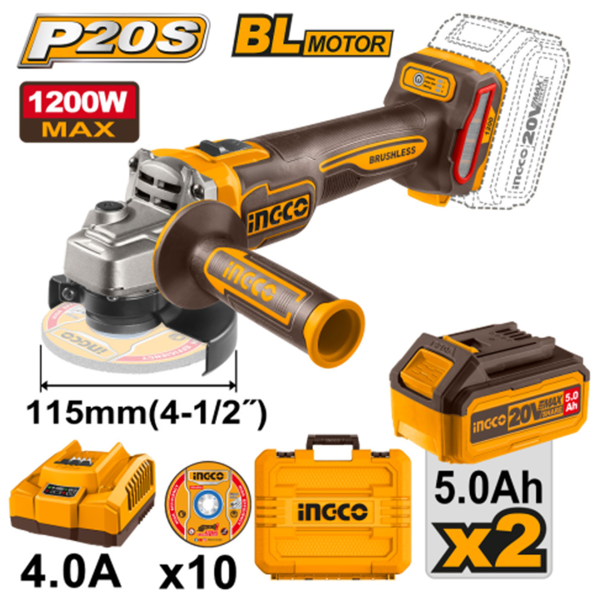 INGCO MEULEUSE BRUSHLESS 20V 115MM 1200W 2 BATTERIES 5AH+10 DISQUES AU MAROC