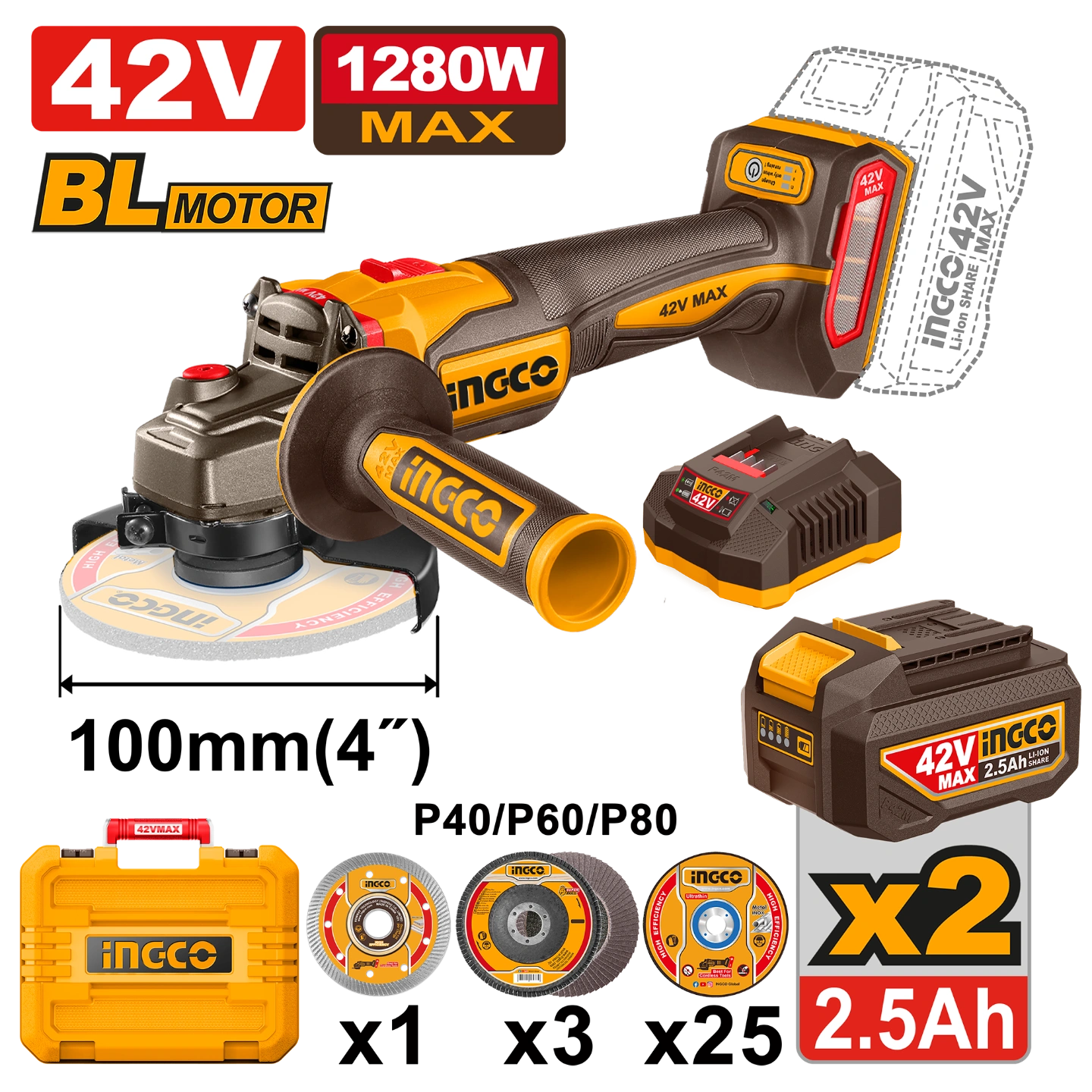 CAGLI4108112 - INGCO MEULEUSE D'ANGLE SANS FIL 42V+2BAT INGCO MAROC