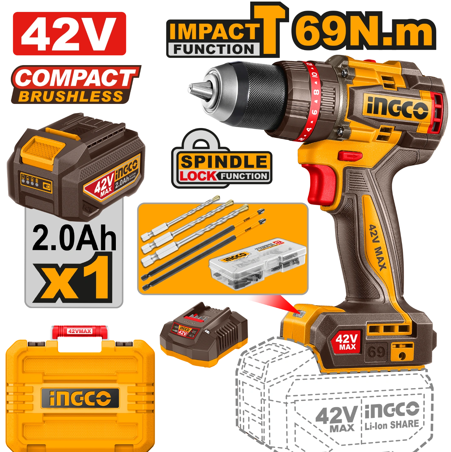 INGCO PERCEUSE À PERCUSSION SANS FIL COMPACT BRUSHLESS 69N.M 42V AVEC 1BATT ET 1 CHARGEUR AU MAROC CIDLI426981