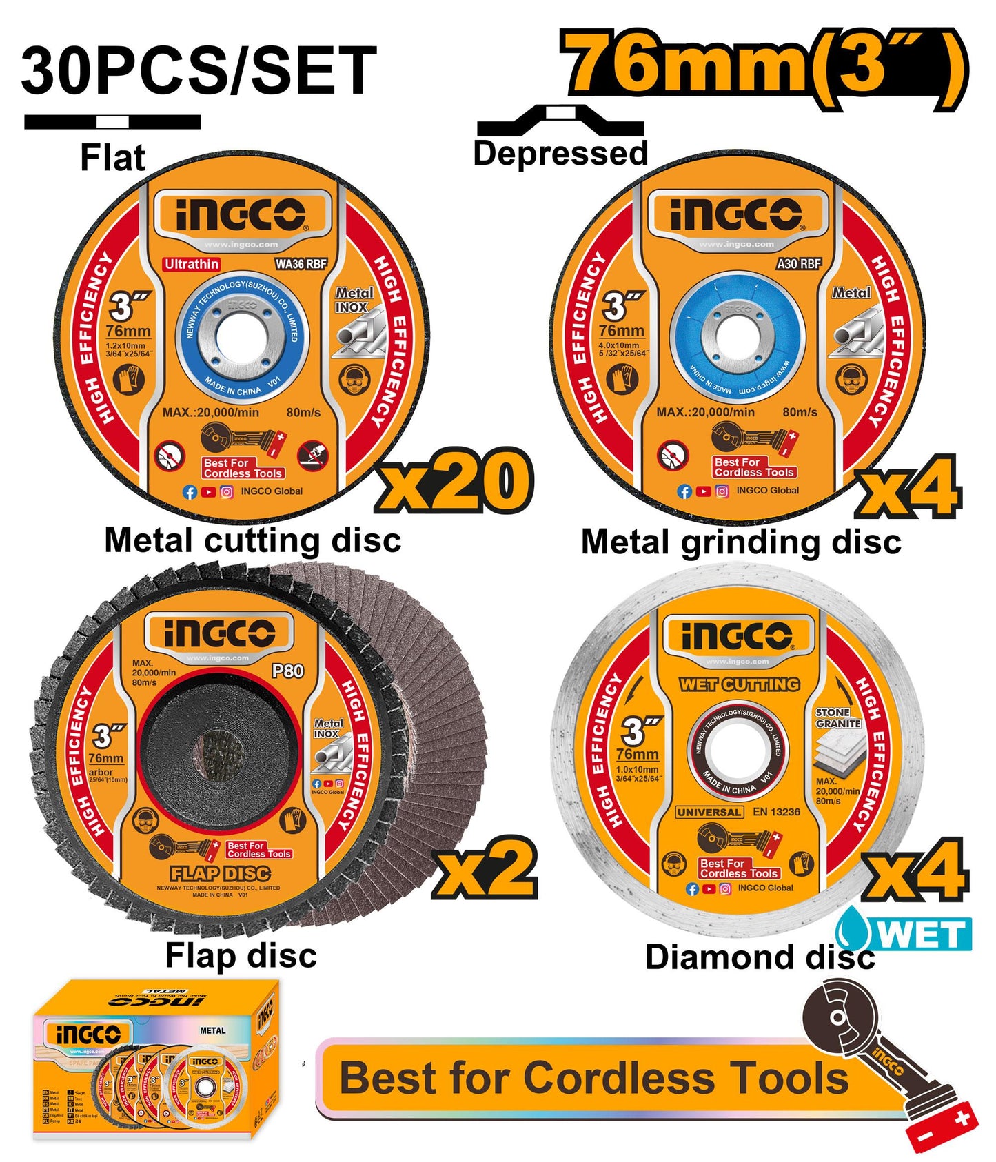 MCD07630 - JEU 30PCS DISQUES DE COUPE ET MEULAGE 76MM INGCO Maroc