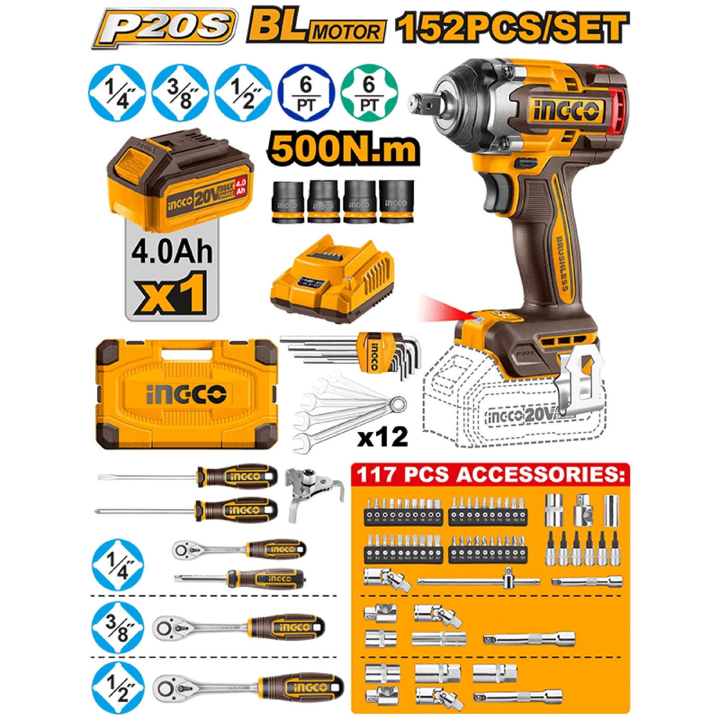 HKTHP31521 - P20S/20V 152PCS Ensemble d’outils avec clé à chocs sans fil Lithium-Ion HKTHP31521 ING-CT INGCO Maroc