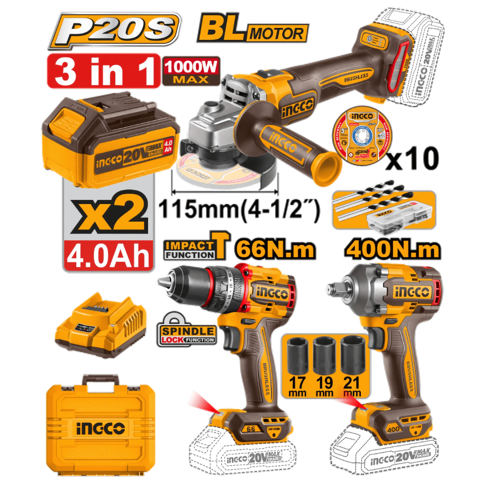INGCO PACK 3 MACHINE MEULEUSE VISSEUSE BOULONNEUSE 20V AU MAROC