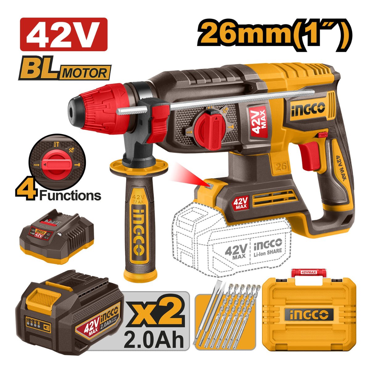 INGCO MARTEAU PERFORATEUR 26MM 42V + 2BATTERIES 2AH AU MAROC