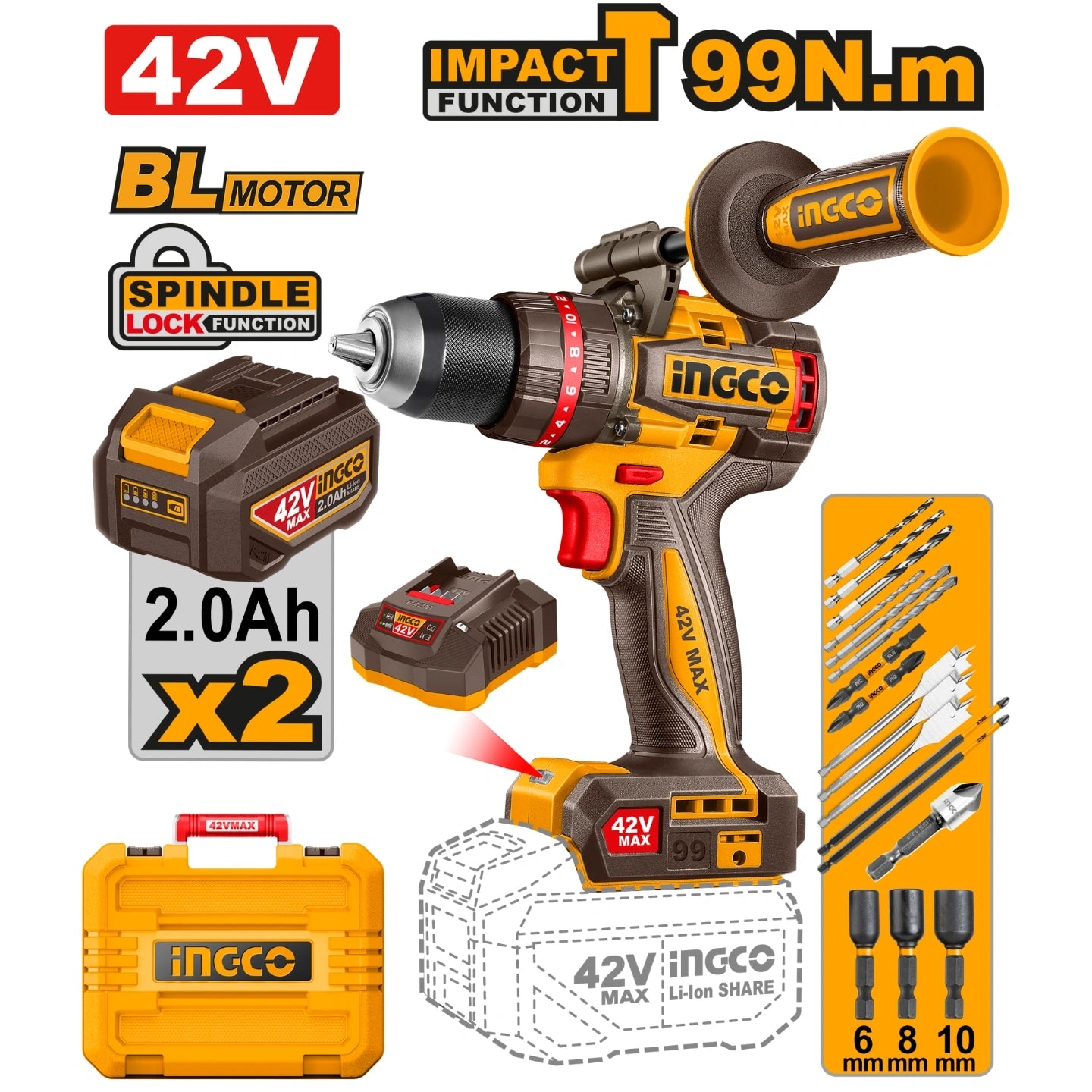 INGCO PERCEUSE-VISSEUSE 42V+2BAT 99NM BALAIS AU MAROC