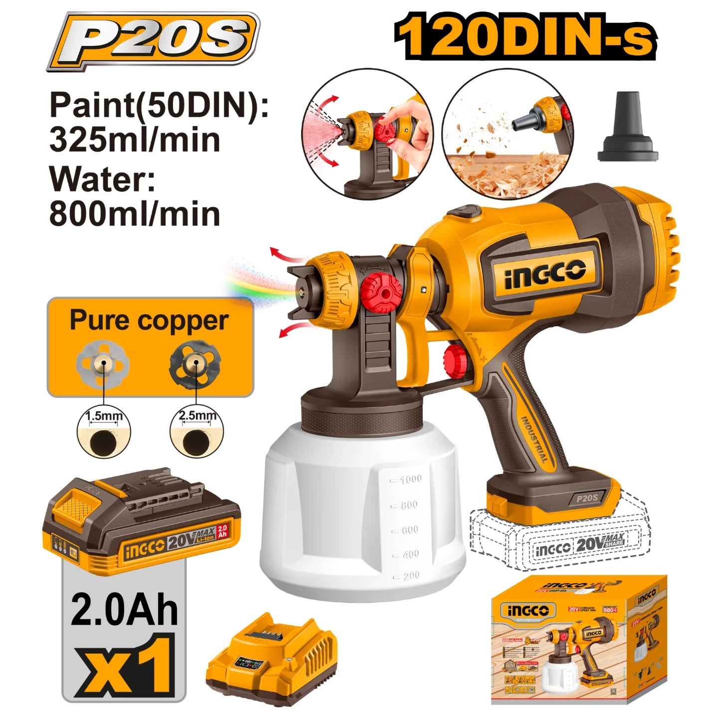 Pistolet à Peinture 20v 800ml/min 1batterie 2.0ah +chargeur ingco INGCO | CSGLI20042