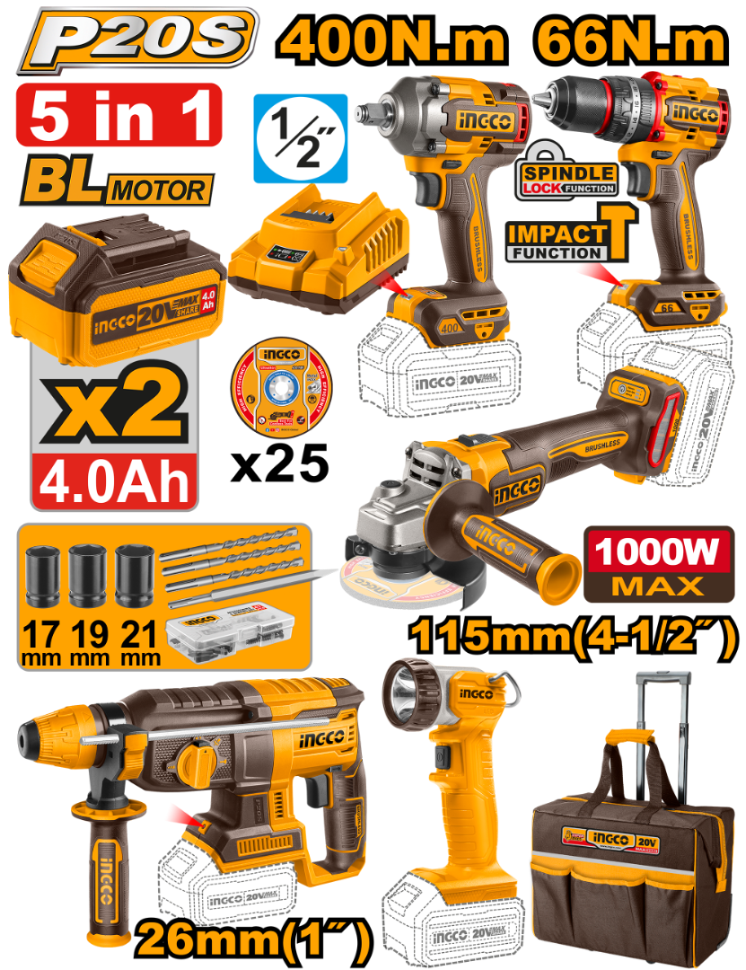 CKLI2019 - PACK VALISE DE 5 MACHINES 20V INGCO Maroc