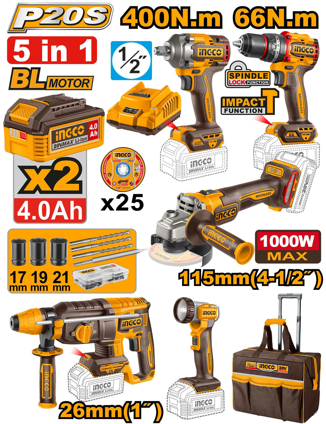 Pack valise 5 machines INGCO 20V prix Maroc — kit outils professionnel