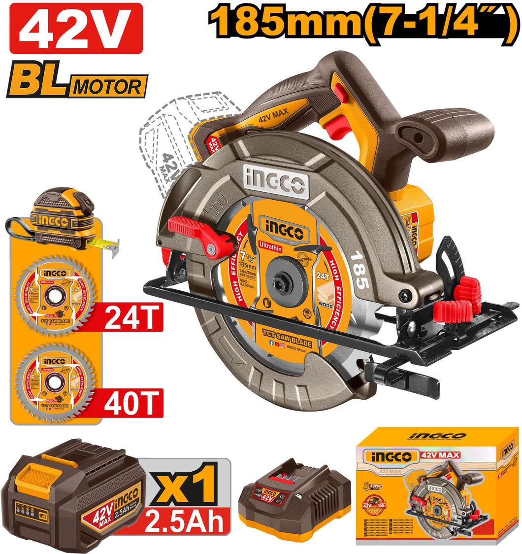 INGCO SCIE CIRCULAIRE SANS FIL 185MM 42V AVEC 1BATT ET 1 CHARGEUR AU MAROC