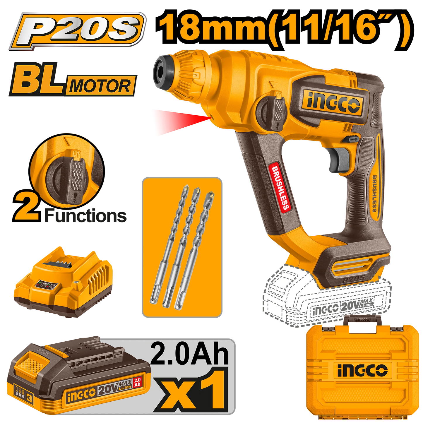 MARTEAU PERFORATEUR BRUSHLESS 20V 18MM INGCO INGCO | CRHLI201881