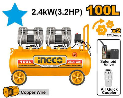 INGCO COMPRESSEUR SILENCIEUX 100L 2x200W 3.2HP AU MAROC [ACS2241001]