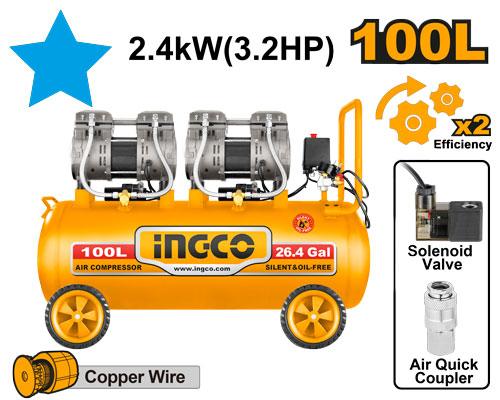ACS2241001 - COMPRESSEUR SILENCIEUX 100L 2x200W 3.2HP INGCO Maroc