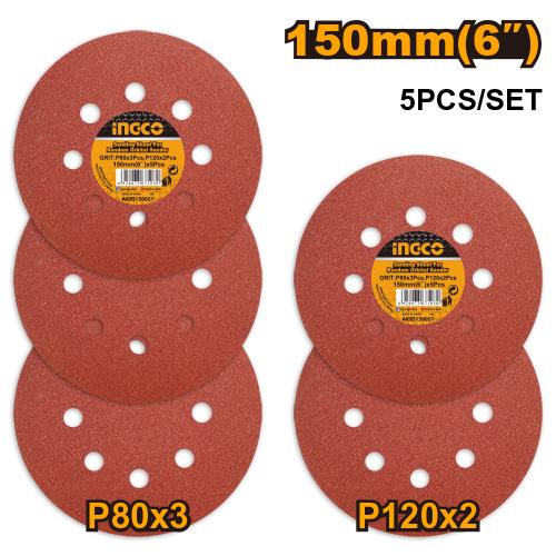 AKRS150051 - JEU FEUILLES ABRASIVES PONCEUSE ORBITALE 5PCS 150M INGCO Maroc