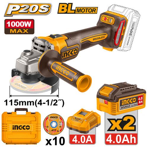 INGCO Malette meuleuse 115mm 20V avec 2 batteries 4Ah + 10 disques — kit professionnel Maroc