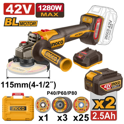 INGCO MEULEUSE D'ANGLE SANS FIL 115MM 42V 1280W AVEC 2 BATTERIES ET CHARGEUR AU MAROC [CAGLI4128112]