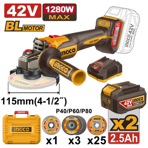 Meuleuse d'angle sans fil 115mm 42V 1280W avec 2 batteries et chargeur INGCO | CAGLI4128112