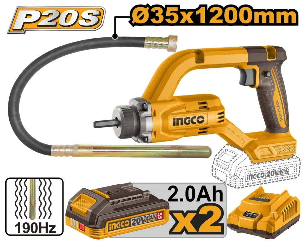 Vibrateur à béton 20V + 2Batt/chargeur INGCO | CCVLI2025021