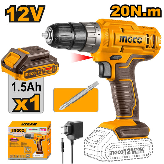 CDLI1218 - Perceuse sans fil Lithium-ion 12V avec 1 batterie 12V 1,5 Ah CDLI1218 ING-CT INGCO Maroc