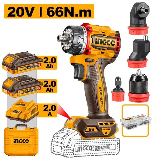 Perceuse-visseuse 20V multi-têtes 66N.m Avec 2 Batt + Chargeur INGCO | CDLI206686