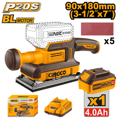 INGCO PONCEUSE VIBRANTE BRUSHLESS 20V 90X180MM 1BATTERIE+CHARGEUR AU MAROC [CFSLI20311]