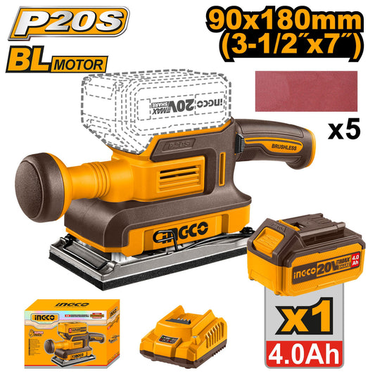 CFSLI20311 - PONCEUSE VIBRANTE BRUSHLESS 20V 90X180MM 1BATTERIE+CHARGEUR INGCO Maroc