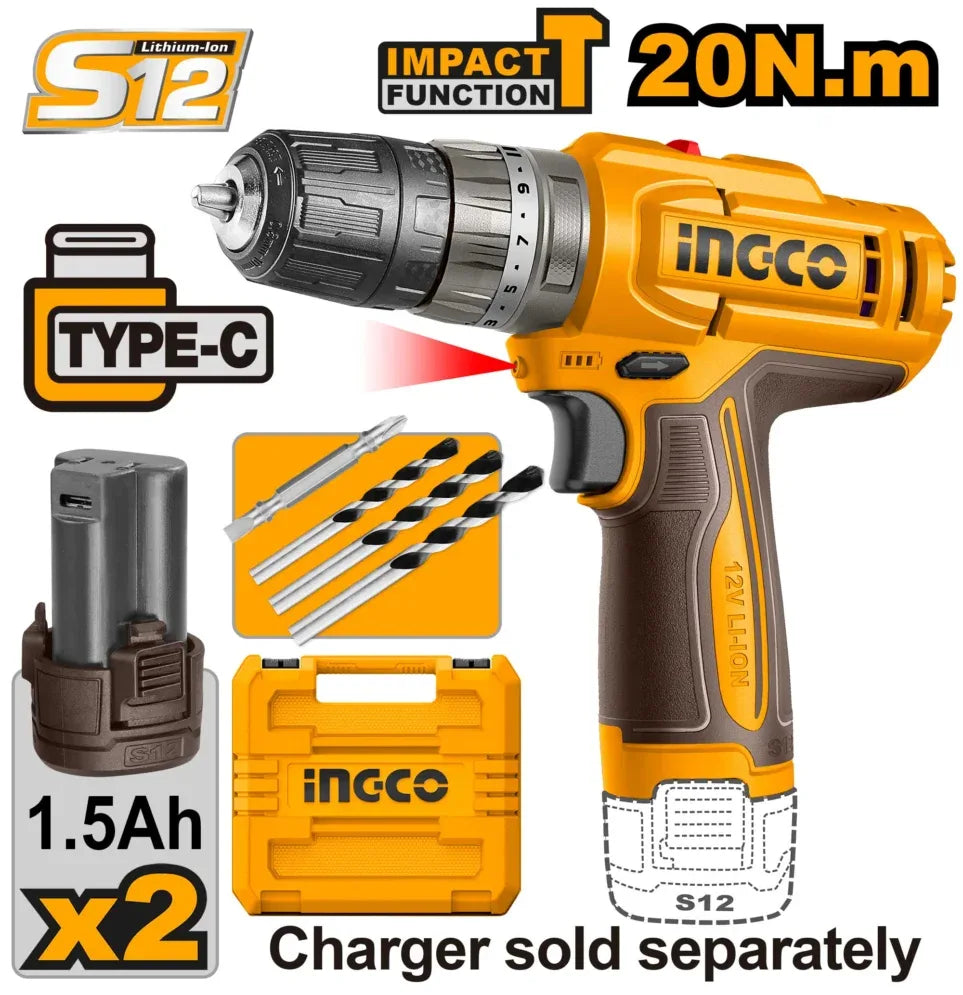 perceuse visseuse a percussion 12v 20nm +2 batteries 1.5ah ingco INGCO | CIDLI12206