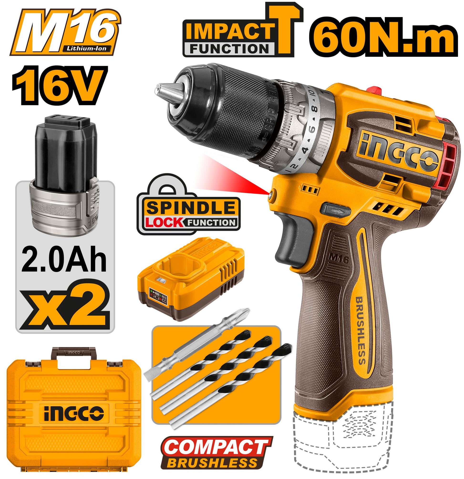 CIDLI16682 - Perceuse à percussion sans fil 16V/M16 Lithium-Ion Compact Brushless CIDLI16682 ING-CT INGCO Maroc