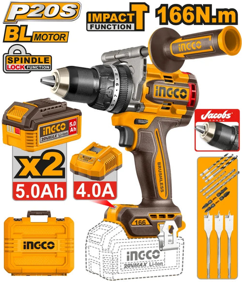Perceuse à Percussion 20V Sans Balais - 166N.m - 2Batt 5,0Ah + 1 Chargeur INGCO | CIDLI201668