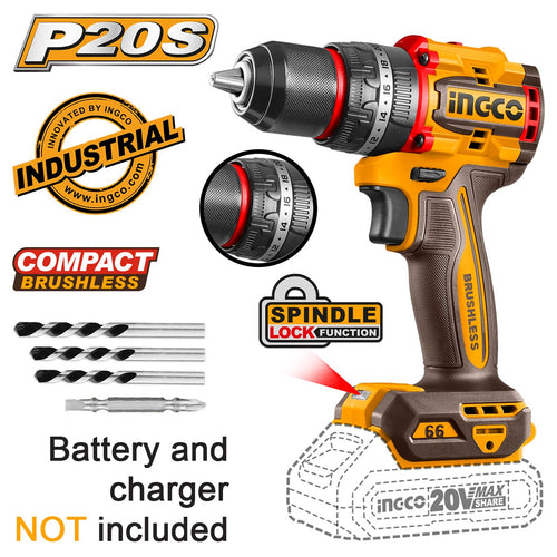 Perceuse à Percussion 20V Compacte Brushless - 66N.m - Sans Batteries ni Chargeur INGCO | CIDLI206681