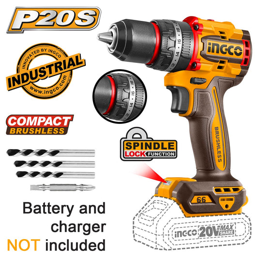 Perceuse à Percussion 20V Compacte Brushless - 66N.m - Sans Batteries ni Chargeur INGCO | CIDLI206681