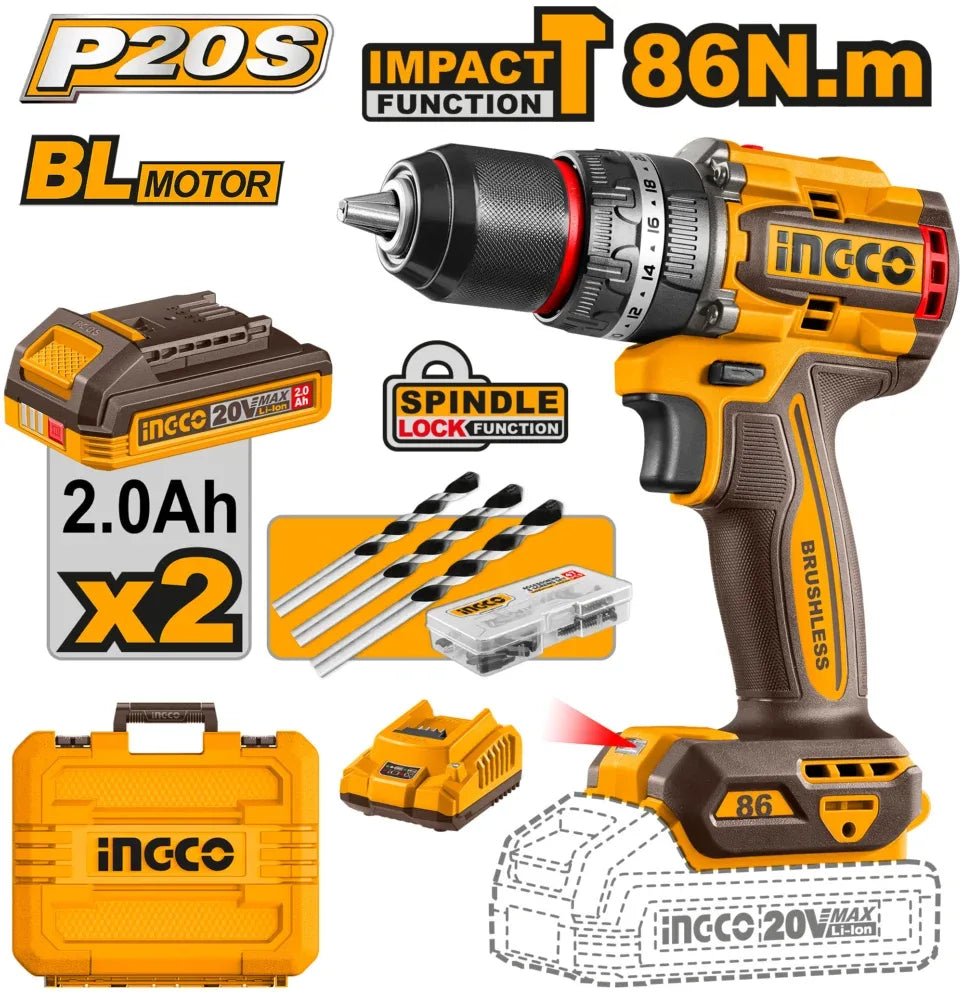 Perceuse à percussion 20V Brushless 86N.m INGCO | CIDLI208687