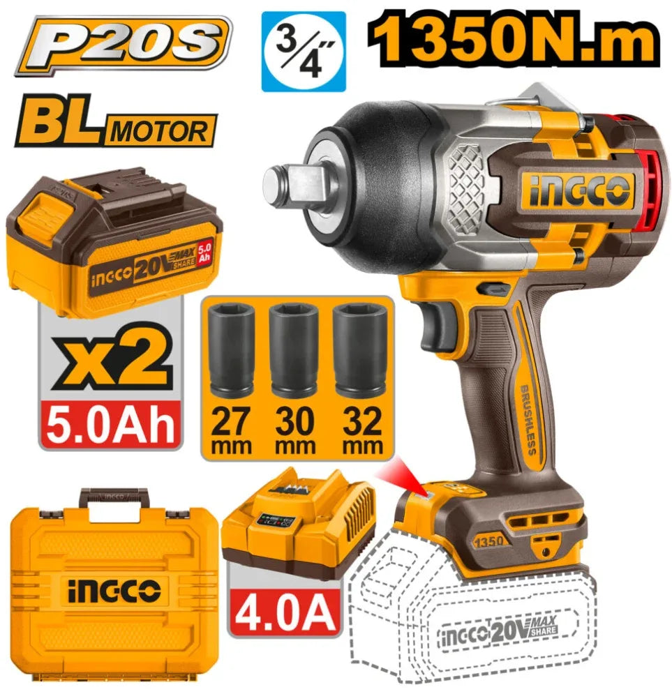 CIWLI20135 - BOULONNEUSE BRUSHLESS 3/4 20V 1350N.M INGCO 5AH INGCO Maroc