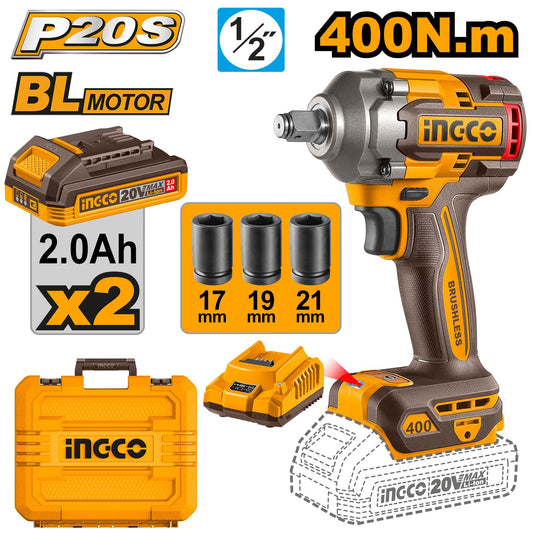 CIWLI2040 - BOULONNEUSE A CHOC 400NM SANS CHARBON 20V+2BAT 2.0 INGCO Maroc