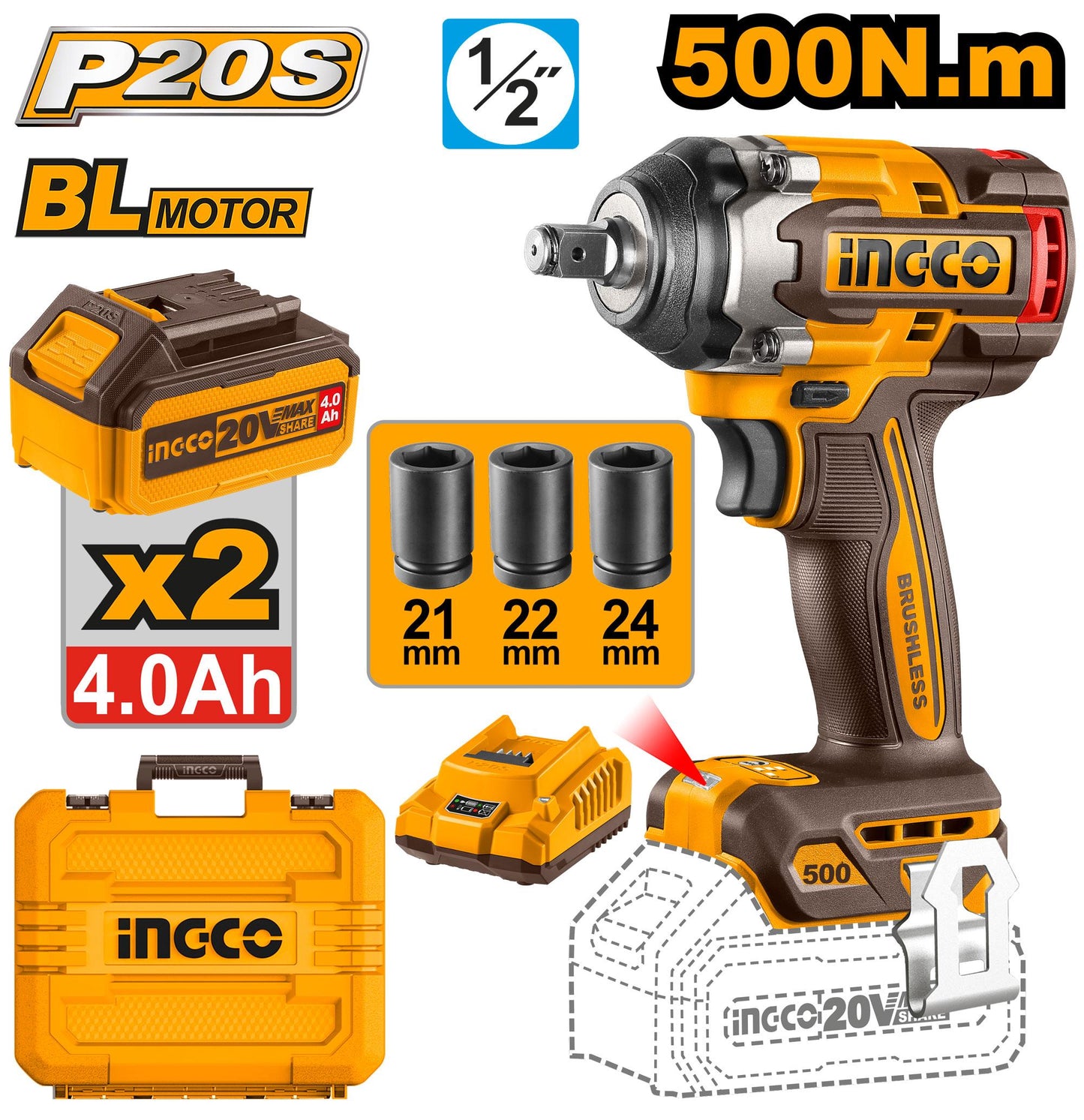 CIWLI2050 - BOULONNEUSE A CHOC 500NM SANS CHARBON 20V+2BAT SI INGCO Maroc