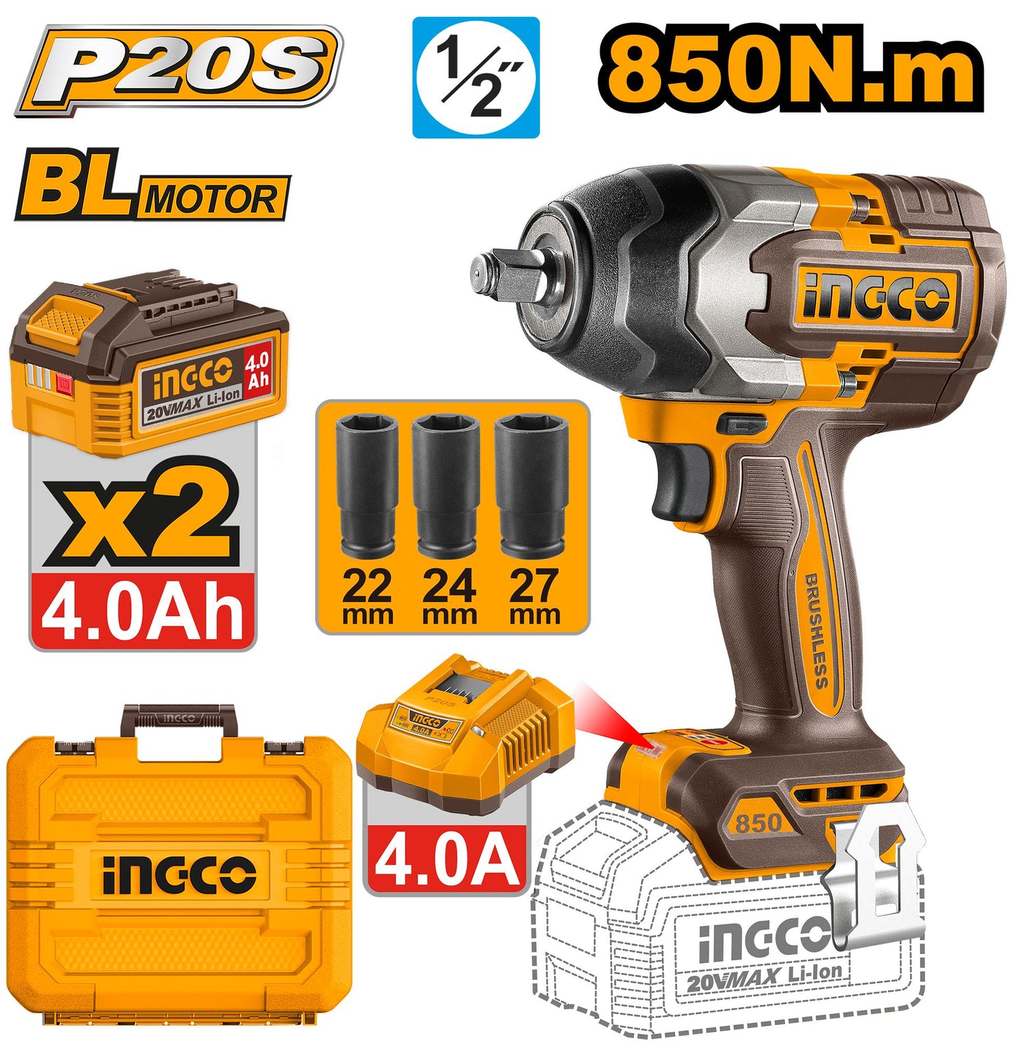 INGCO BOULONNEUSE A CHOC 850NM BRUSHLESS 20V+2BAT AU MAROC