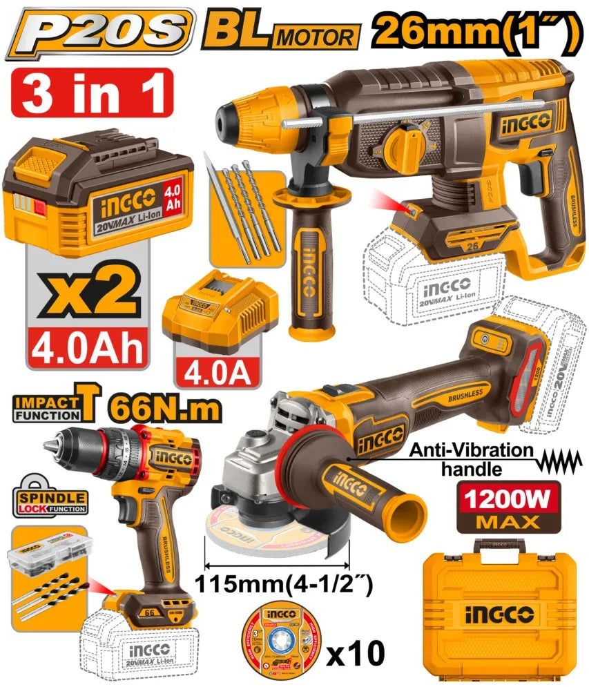 PACK DE 3 MACHINES INGCO MARTEAU+VISSEUSE+MEULEUSE 2BAT 4AH INGCO | CKLI202598