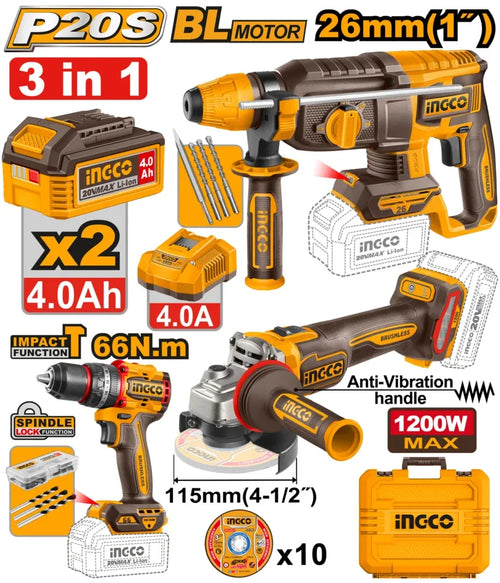 PACK DE 3 MACHINES INGCO MARTEAU+VISSEUSE+MEULEUSE 2BAT 4AH INGCO | CKLI202598