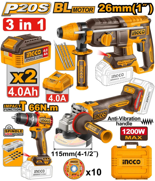 PACK DE 3 MACHINES INGCO MARTEAU+VISSEUSE+MEULEUSE 2BAT 4AH INGCO | CKLI202598