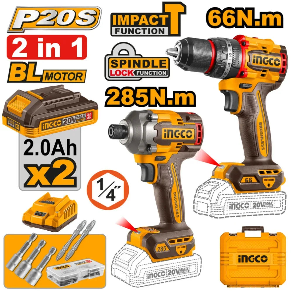 PACK 2 MACHINE VISSEUSE/PERC BRUSHLESS 66NM+CLE A CHOC 20V INGCO INGCO | CKLI20277