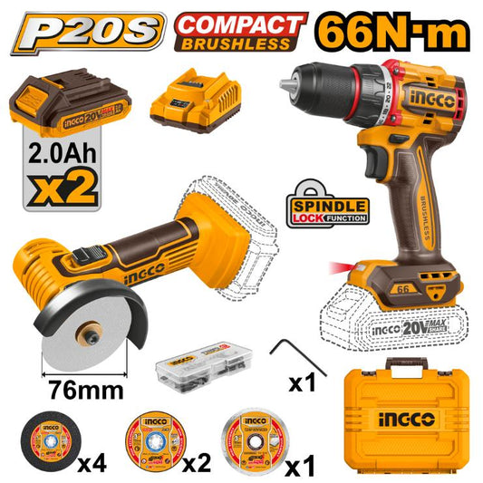 INGCO PACK 2 MACHINES VISSEUSE BRUSHLESS 20V 66NM+ MINI MEULEUSE 76MM INGCO AU MAROC [CKLI20766]