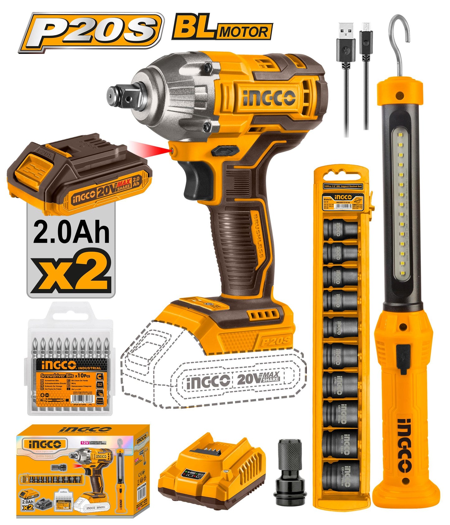 COSLI23011 - PACK BOULONNEUSE A CHOC 300NM SANS CHARBONS 20V INGCO Maroc