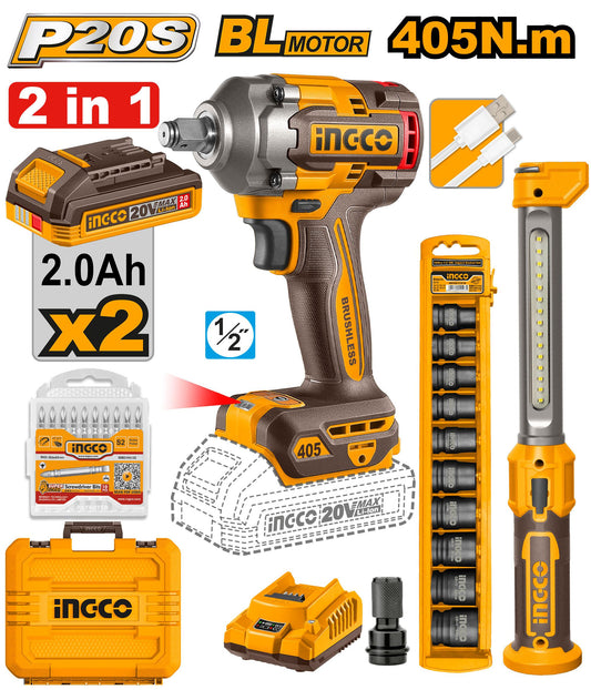 COSLI23056 - PACK COMBO BOULONNEUSE 405NM + DOUILLES + LAMPE DE TRAVAIL INGCO Maroc